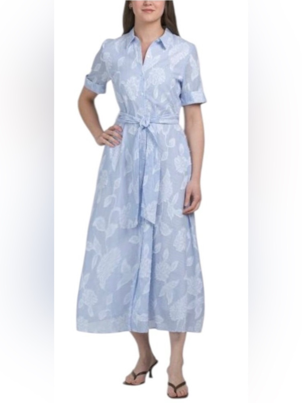 ELLEN TRACY Voile Short Sleeve Belted Shirt Dress
